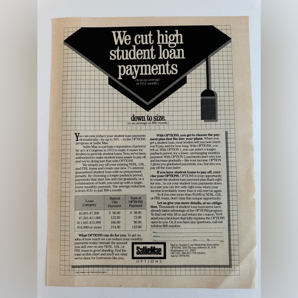 5/$20 Sallie Mae Options Vintage Magazine Print ad 1983